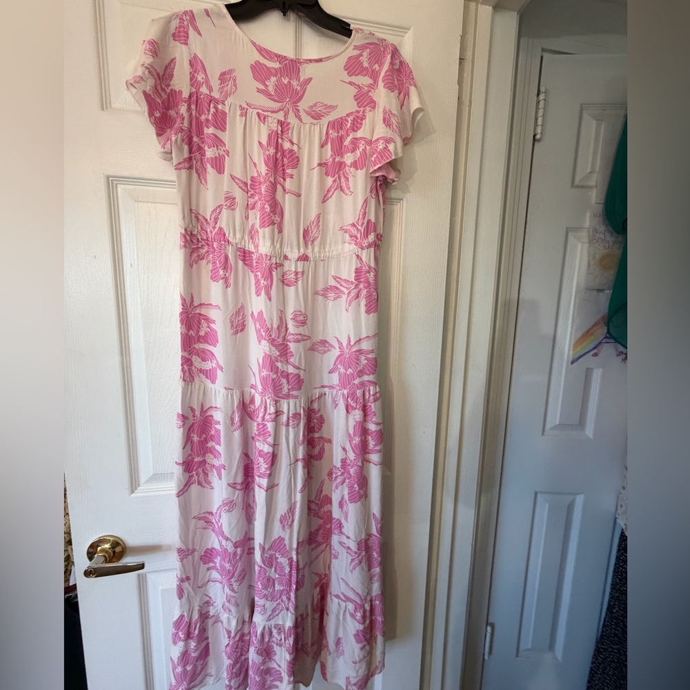 Floral Maxi Dress pink tropical tiered size L flutter sleeves - Picture 4 of 12